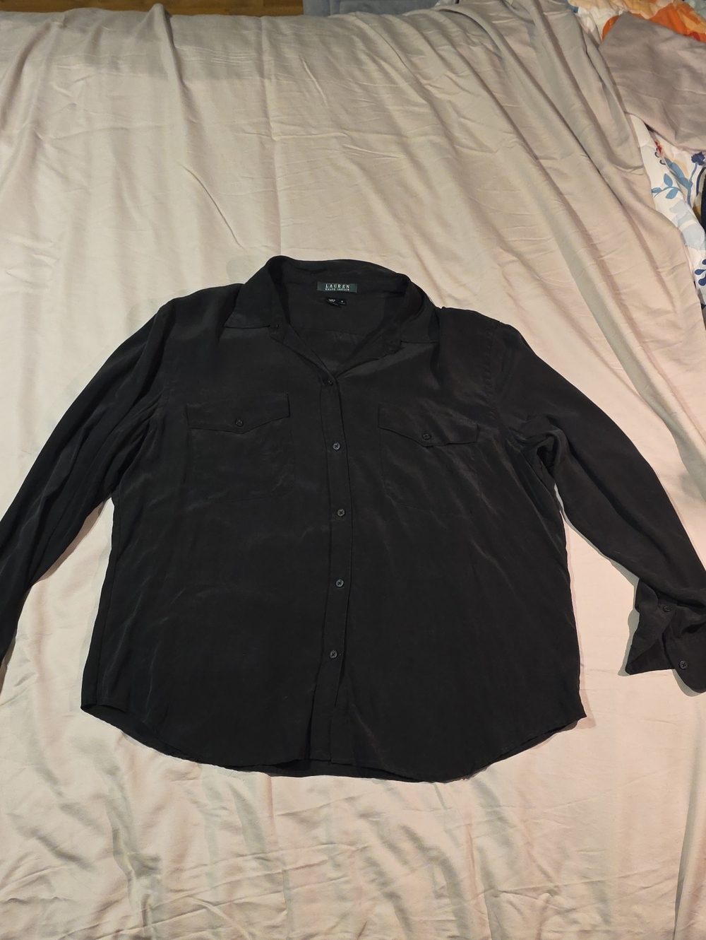 Lauren Ralph Lauren 100% Silk Black Button-Down Top / Green Tag / Sz 16